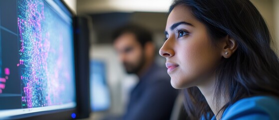 Data analysis in action: woman focusing on digital analytics with colleague in modern tech office environment