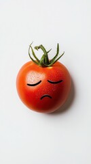 A sad-faced tomato sits alone on a plain white background