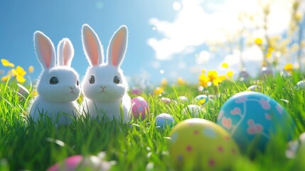 Easter background with cute bunny and colorful eggs in the grass