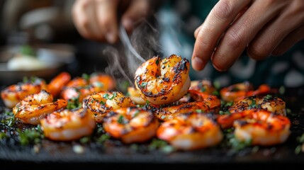 Close-up of hands lifting a grilled shrimp from a pan of sizzling, delicious shrimp.