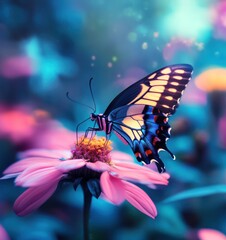 Beautiful butterfly on colorful flower with blue background. A beautiful nature scene with a flying butterfly and blooming flowers