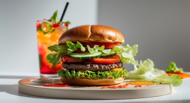 Juicy Cheeseburger with Fresh Vegetables and Colorful Beverage.