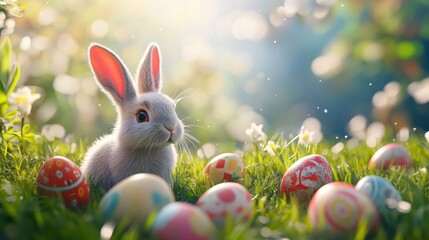 Easter background with cute bunny and colorful eggs in the grass