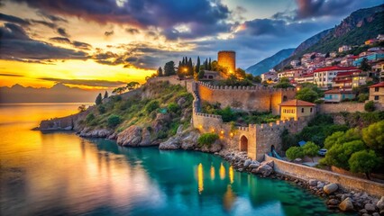 Obraz premium Alanya Castle, Turkey: Majestic Mediterranean Fortress at Sunset with Bokeh