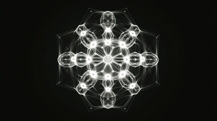 Intricate white geometric mandala on black background.