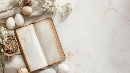 Recipe book with ingredients eggs Flat Lay mockup