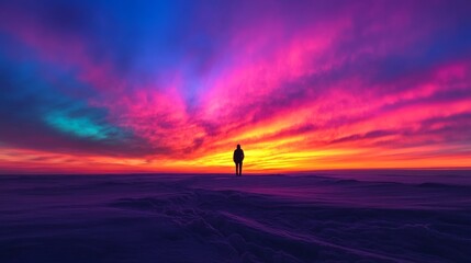 Solitary Figure Against a Dazzling Horizon of Colorful Twilight
