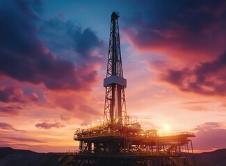 oil and gas drilling rig at dusk with a beautiful sky
