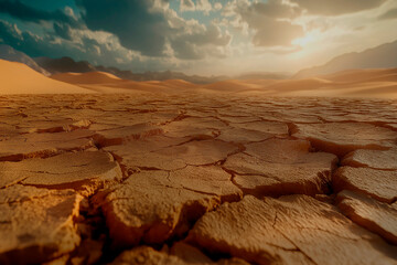 dramatic sunset over cracked earth. Desert landscape background.