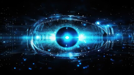A vibrant blue digital cyber light beam reflecting off the human eye with subtle electronic circuitry patterns emphasizing a futuristic theme