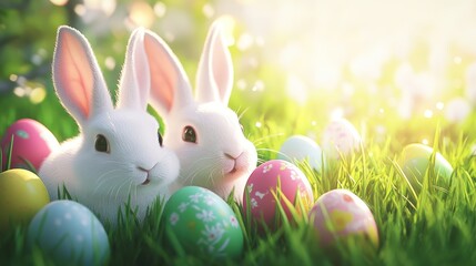 Easter background with cute bunny and colorful eggs in the grass