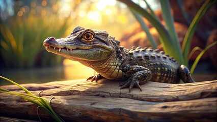 Obraz premium Alligator Cub Resting on Log, Florida Farm Closeup - Wildlife Photography