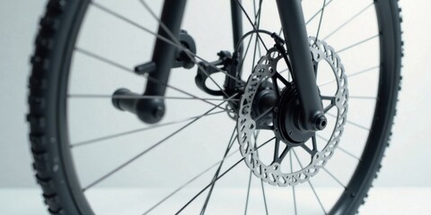 Naklejka premium Close-up view of a bicycle wheel's disc brake and tire, showcasing its sophisticated engineering and robust design.
