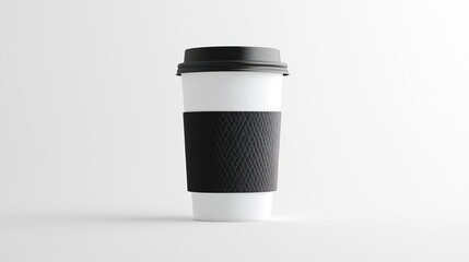 White Coffee Cup with Black Sleeve and Lid on White Background