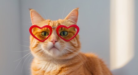 playful ginger cat in heart shaped sunglasses perfect for valentine s day promotions social media posts or pet themed events exuding whimsy and cuteness