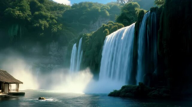 Twin waterfalls beside a tranquil wooden house in the jungle. A hidden retreat symbolizing peace, nature harmony, and solitude.