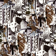 Seamless pattern with abstract pattern. Mixed media and collage.  Hand-drawn illustration.