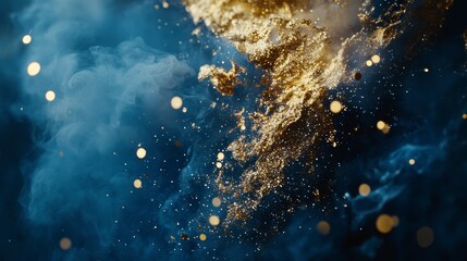 Obraz premium Abstract gold explosion in smoky dark blue background. Use High-end product showcase, promotional design, wallpaper