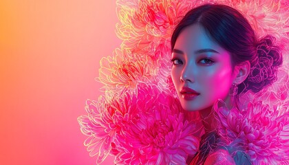 Fototapeta premium Vibrant pink chrysanthemum paired with grace celebrates Women’s Day, embodying the beauty and strength of women. A floral tribute to honor and uplift women's achievements and spirit.