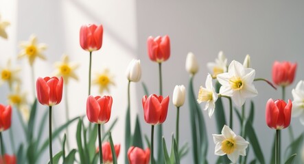 Colorful spring garden with red tulips and white daffodils blooming in natural light.
