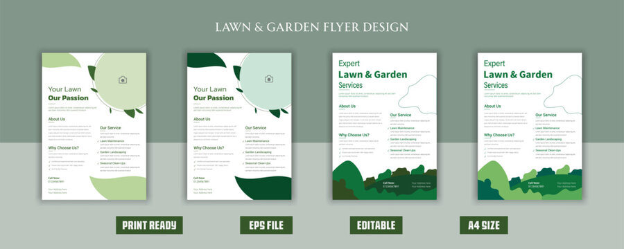 Lawn and gardening service flyer design template. Tree and gardening service poster leaflet design. lawnmower flyer template
