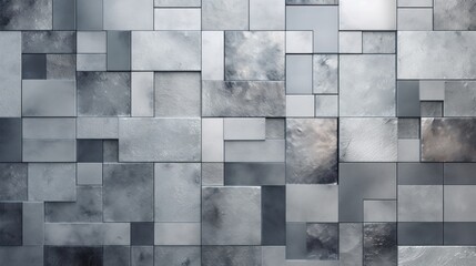 Dynamic arrangement of textured tiles with varying shades of gray and hints of metallic sheen creating an abstract mosaic effect