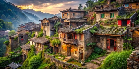 Fototapeta premium Ancient Huaiyuan Town, Sichuan, China: Urban Exploration Photography - Decaying Beauty of Old Sichuan Architecture