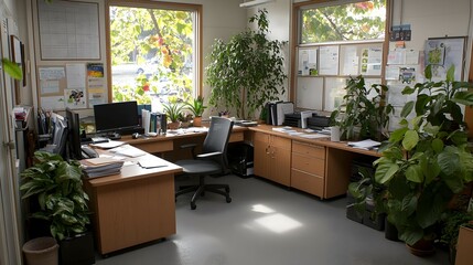 Bright Office Workspace with Natural Light and Greenery