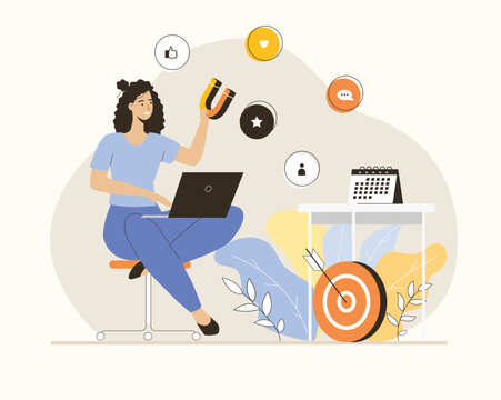 Digital marketing strategy. Woman holding magnet to attract likes, followers, customers feedback in social media, service for product and trend promotion. Flat vector illustration.	