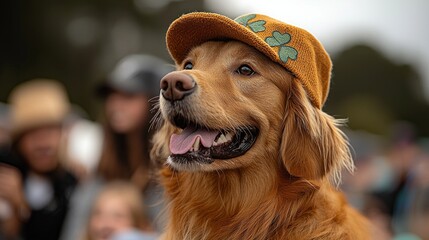 Golden retriever sits contentedly in center of lively parade wearing tiny leprechaun hat. Families and children laugh and take photos enjoying fun atmosphere.