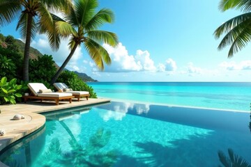Fototapeta premium Serene tropical paradise inviting infinity pool, tranquil turquoise ocean, and luxurious lounge chairs under swaying palm trees.