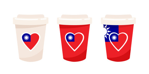 Set of paper coffee cups with Taiwanese flag colours. Vector illustration.