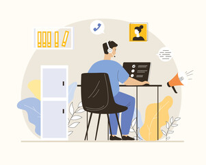 Outbound marketing concept. Business product promotion. Man works on laptop, calls clients, attracts new customers. Flat vector illustration.	