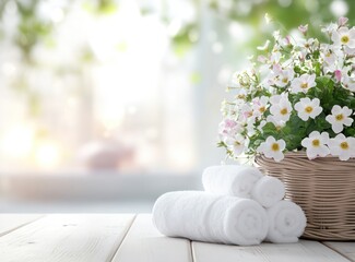 Blurred spa background with a white table, flowers, and a basket of towels on the desk