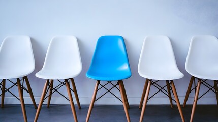 Standout Blue Chair Among White Chairs, look unique, leader Concept