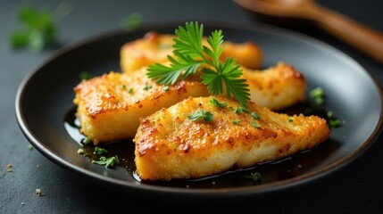 Crispy Pan-Seared Fish Filets with Herb Garnish, Served on a Dark Plate with a Rich Sauce