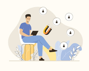 Inbound marketing concept. Man work on laptop and retention clients with a magnet. Flat vector illustration.	
