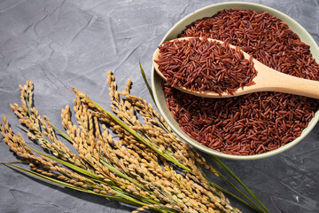 A bowl of red-rice on a gray table next to a wooden spoonful and ears of rice.Bowl is filled with raw-rice and the spoon is full.The red-rice is spread out in the bowl.