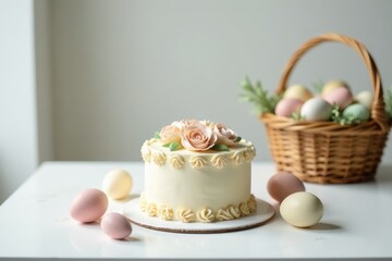 A delicately decorated pastel cake adorned with buttercream roses, nestled amongst pastel eggs in a wicker basket, creates a charming springtime scene.