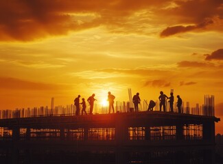 Silhouette of construction worker team working on building structure at sunset, with other workers and engineer pointing blueprint in background, showing teamwork concept.