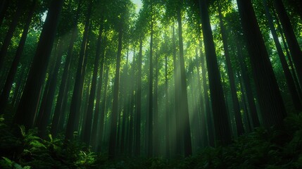 Obraz premium Serene Forest with Sunlight Filtering Through Lush Green Canopy