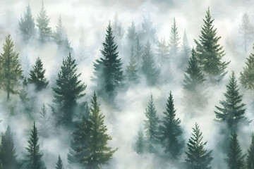 Misty Mountain Evergreen Forest: A Serene Watercolor Landscape