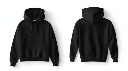 Black color unisex hoodie. Blank template front and back view mockup isolated on white background