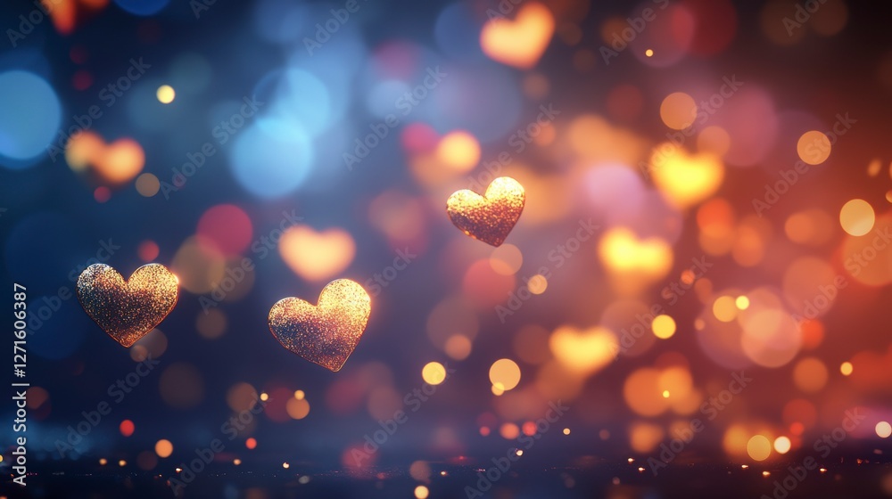 Poster abstract hearts floating in bokeh lights. potential for romantic, celebratory or festive use