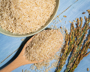 A bowl of brown-rice is placed on a table next to a spoonful and ears of rice.Rice is spread out in...