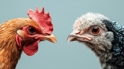 Birds flu effect. Two chickens face each other, showcasing their distinct colors and features.