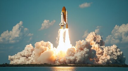 Space shuttle launching into space, fiery exhaust trail, massive clouds of smoke billowing.