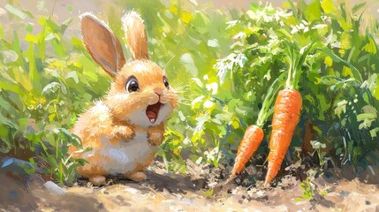 mischievous carrot playfully bites surprised rabbit's tail in sunny meadow. rabbit is shocked while colorful carrots peek from ground adding humorous twist scene.