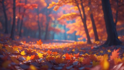 Vibrant autumn landscape showcasing fallen leaves and trees in warm hues