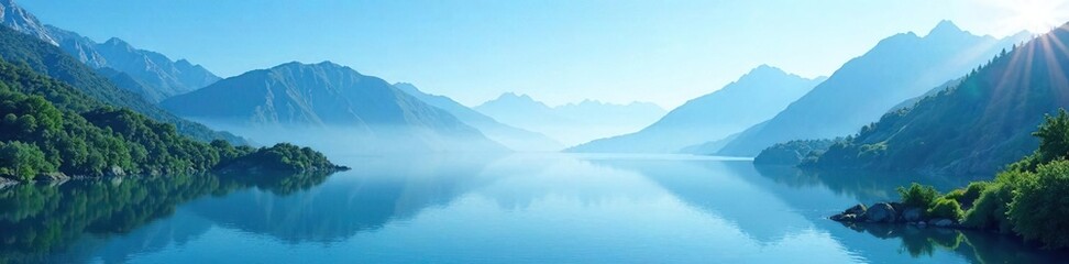 Obraz premium Clear blue sky over a misty mountain and river, mist, blue, landscape